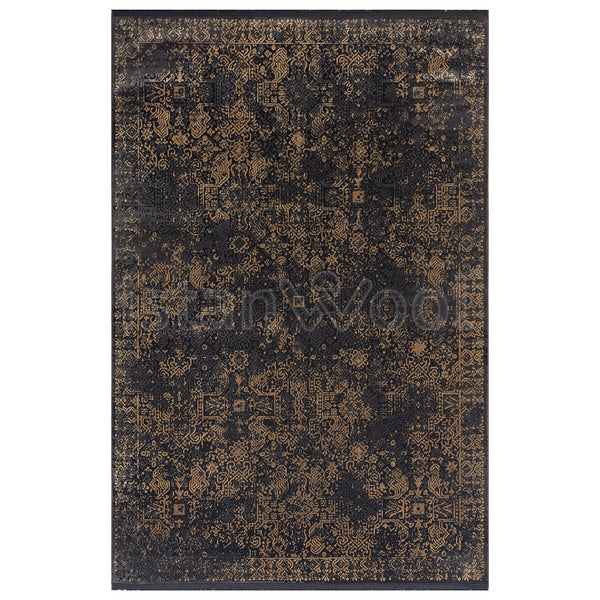 Alfombra Moderna Estilo Antiguo, Gruesa, Pelo con Relieve, Color Negro con Dorado. Colección Ortakoy