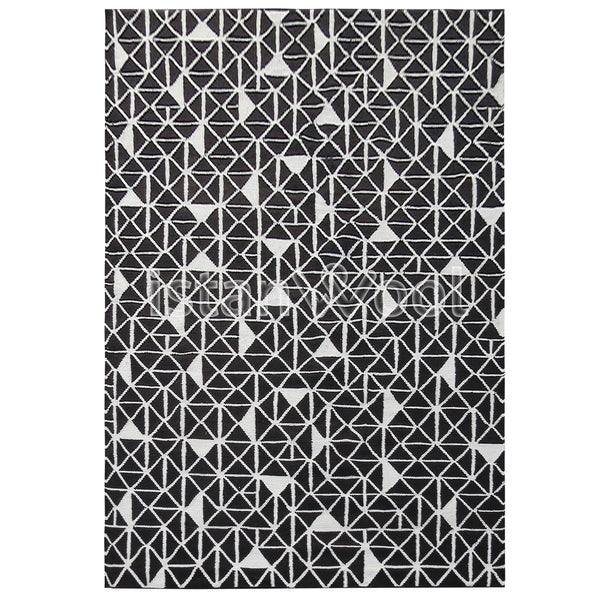 Alfombra Kilim Moderna de Lana Hecha a Mano, Color Blanca con Negro. Colección Makalu
