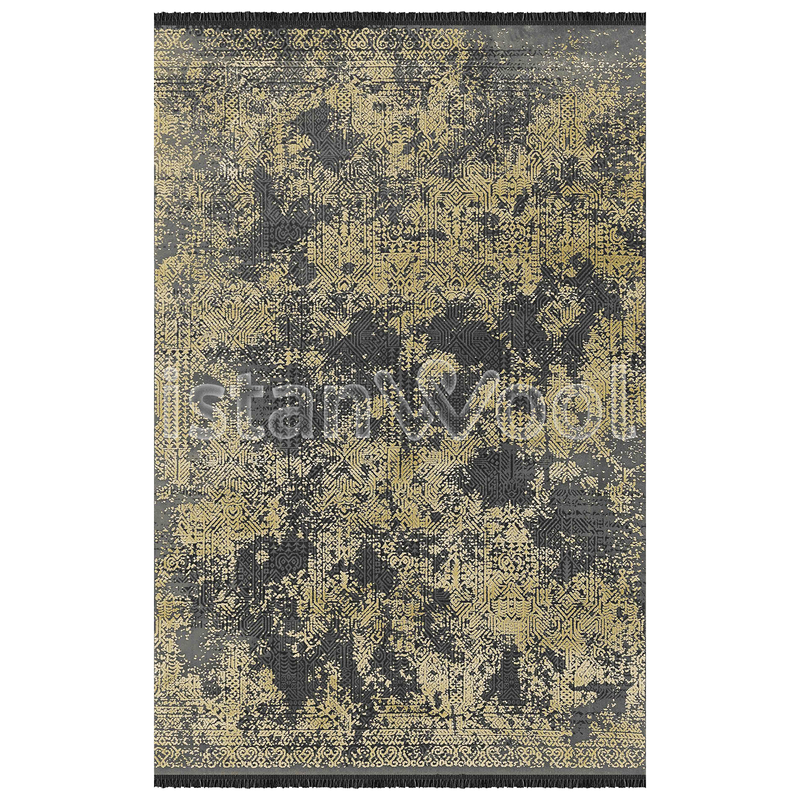 Alfombra Moderna Estilo Antiguo, Gruesa, Pelo con Relieve, Color Negro con Dorado. Colección Ortakoy