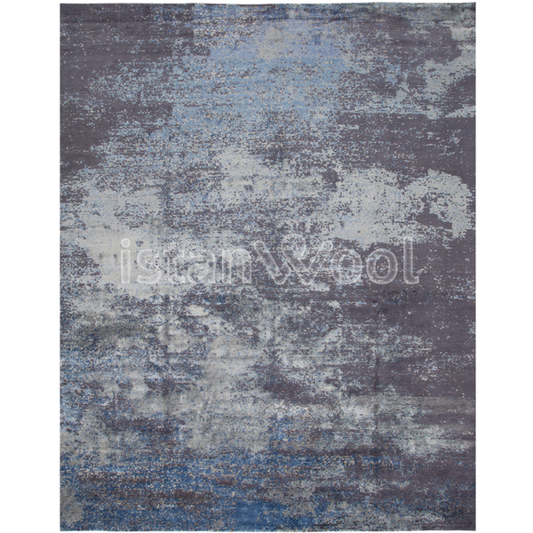 Alfombra Grande Moderna, Gruesa, Pelo con Relieve, Color gris con celeste.  Colección Everest